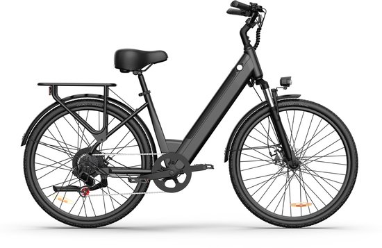 Vélo électrique de ville noir avec porte-bagages, profil latéral.