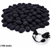 Een stapel zwarte microfoon windkapjes, met een close-up van een headset met microfoon ernaast. Bevat 100 stuks.