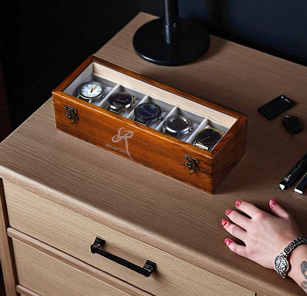 Luxe Houten Horlogedoos Organizer met Glazen Deksel voor 4 Horloges