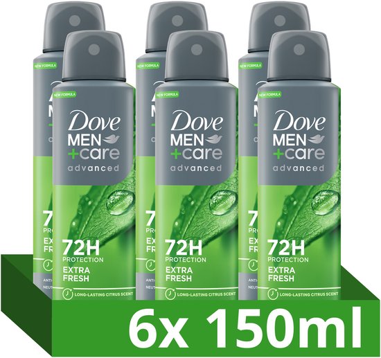 Verpakking van zes Dove Men+Care Advanced Extra Fresh deodorant sprays met groene bladeren en waterdruppels. 6x 150ml.
