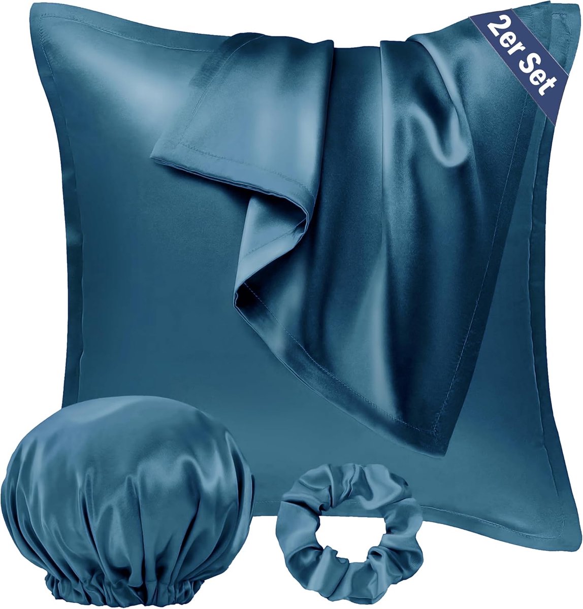 Famanu Satijnen kussenslopen 80 x 80 cm set van 2 met haaraccessoires, zijdezacht en glanzend, ideaal voor een goede nachtrust en verzorgend voor haar en huid Vintage Indigo