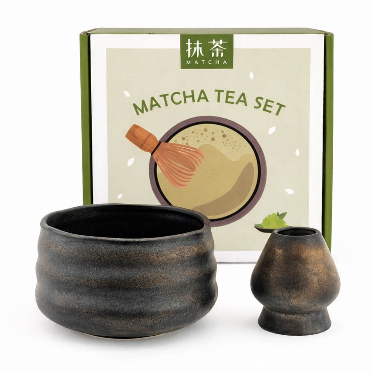 Matcha set in giftbox terra 2-delig – zwart/goud – keramische matcha kom met schenktuit & houder voor bamboe klopper – Japans matcha ritueel – stijlvol thee cadeau