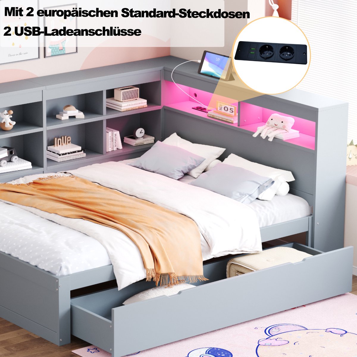 Merax Slaapbank 140x200 cm - met USB-poort en stopcontact - met LED-verlichting - met boekenplank - tweepersoonsbed - grijs - zonder matras