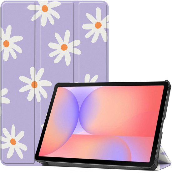 Étui pour tablette violet clair avec un imprimé floral blanc et orange. L'étui est en position debout avec une tablette à l'intérieur.