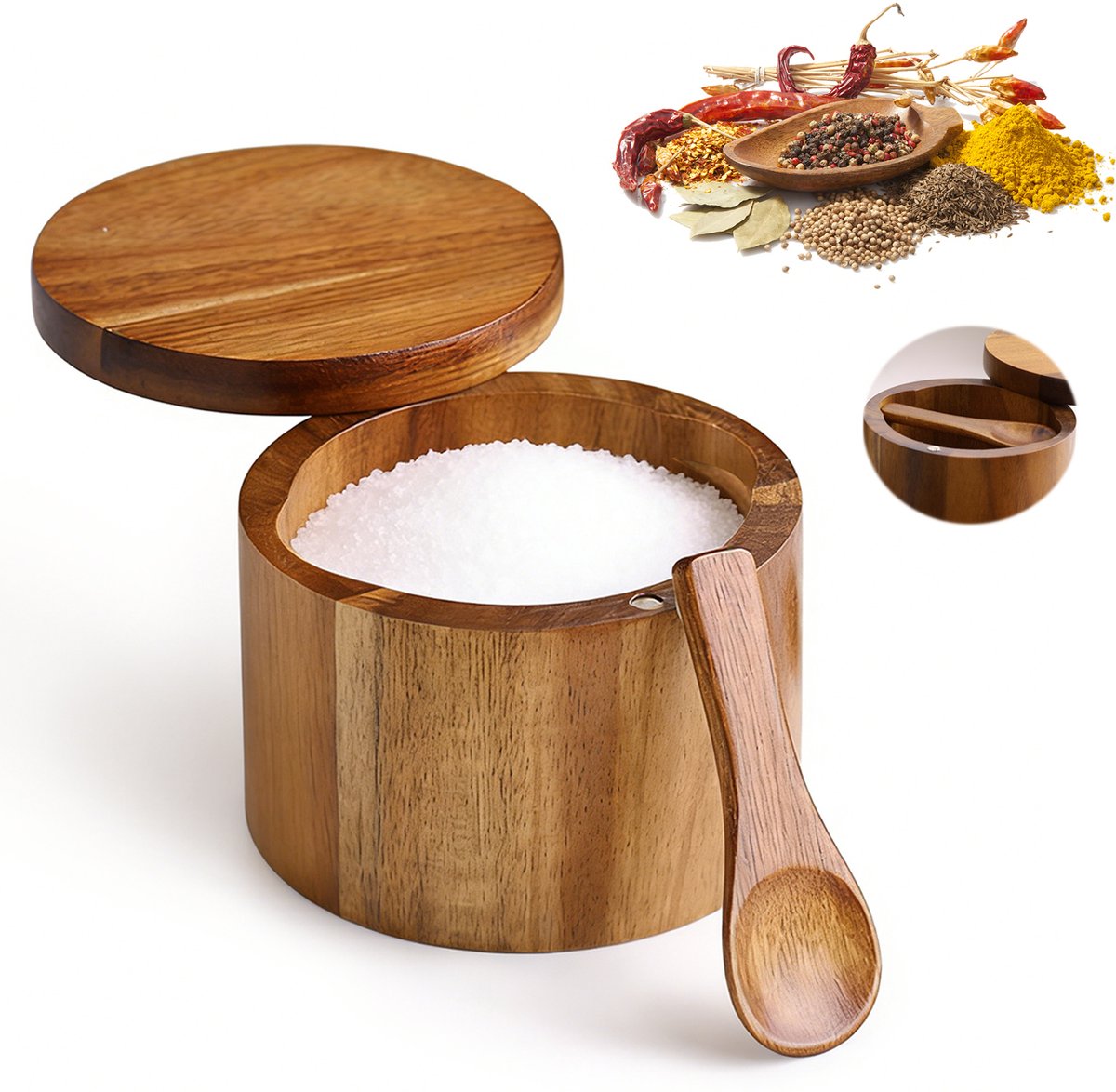 Handgemaakte Acacia Houten Zout- en Peperkom met Lepel, Ideaal voor Kruidopslag en Keuken Decoratie, Perfect als Cadeau voor Kookliefhebbers — cadeau in Kookcadeaus - foto 8