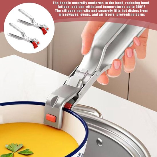 2 stuks roestvrijstalen klemmen voor hete platen - anti-verbrandingsklemmen voor platen en kommen, geschikt voor magnetron, oven, airfryer en stoomkoker - Ergonomisch antislipontwerp voor een veilige grip en bescherming tegen hitte. — afbeelding 4
