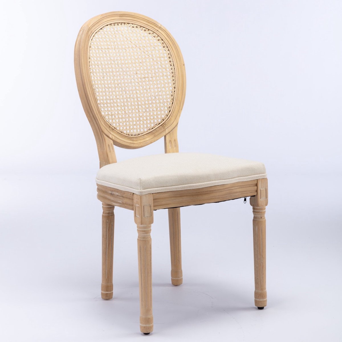 Merax Eetkamerstoelen Set Van 2 - Franse Stijl - Massief Houten Frame - Rotan Rugleuning - Stoffen Zitting Met Schuimvulling - Beige