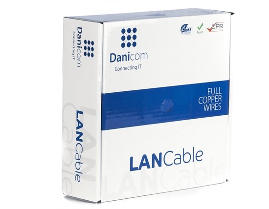 Boîte DaniCom LAN Cable avec indication "FULL COPPER WIRES", vue en perspective.