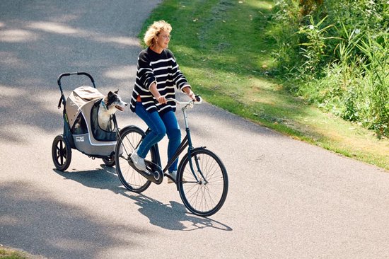 Vrouw op fiets trekt beige en grijze hondenbuggy met hond door een park.