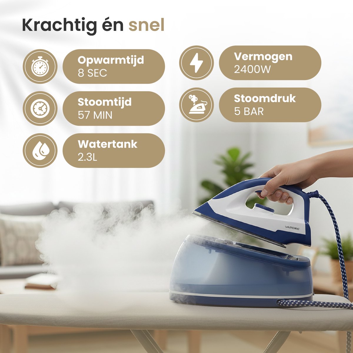 Vapore Stoomstrijkijzer met Stoomgenerator - 8 Sec Opwarmen - 2400W - 5 Bar - 2.3L Tank - 57 Min Stomen - Strijkijzer met Station - Keramische Zoolplaat — afbeelding 3
