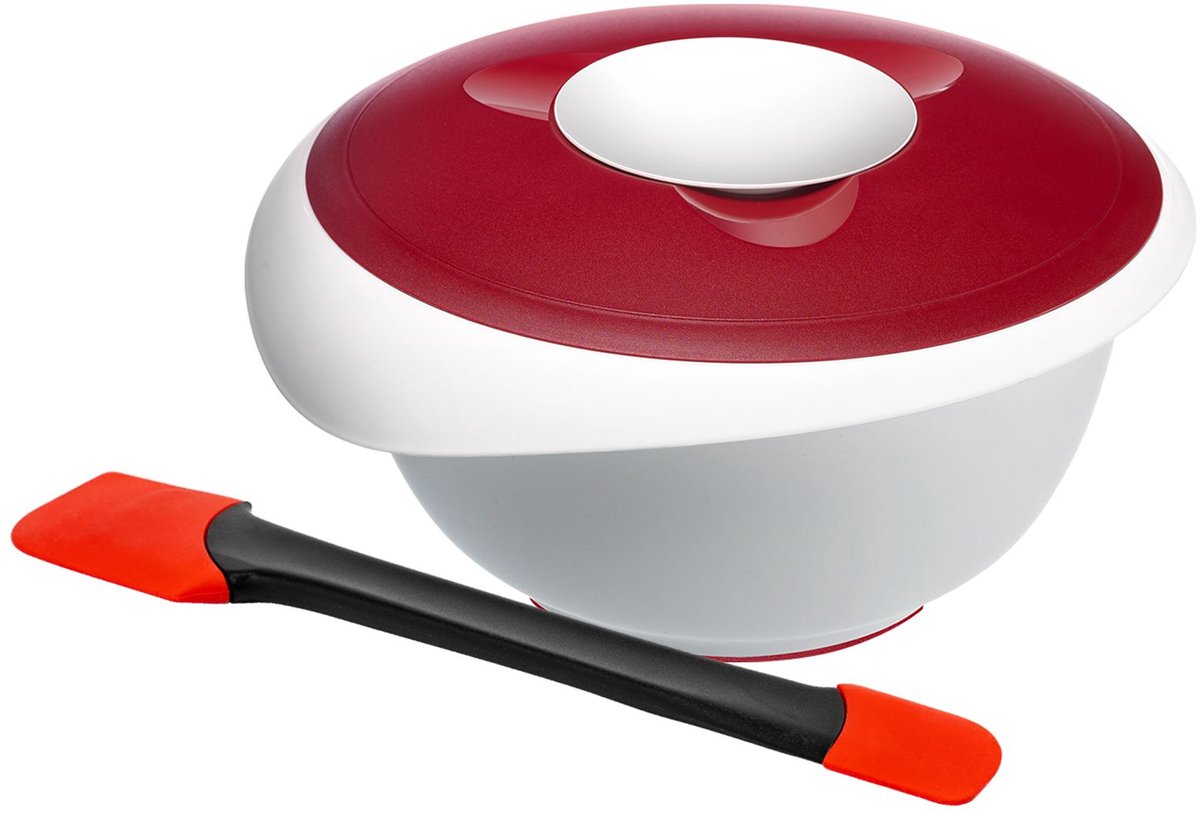 Westmark kook- en bakset, 2 stuks, mengkom met deksel 3,5 l en spatel met uitneembare siliconen elementen, kunststof/siliconen, Duo, wit/rood/zwart, 315522E6