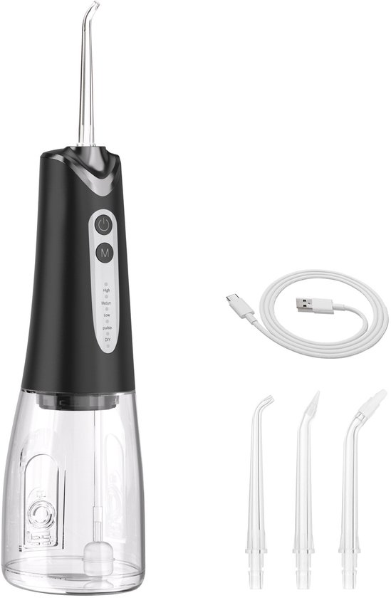 Monddouche - mond douche - Tandenreiniging - Tandvleesverzorging - Draadloze monddouche - Draagbaar met 5 standen - Inhoud: 300 ml - Elektrische tandenreiniger - Met 4 opzetstukken - IPX7 waterdicht - Oplaadbaar via USB-C - Valentijnsdag - zwart