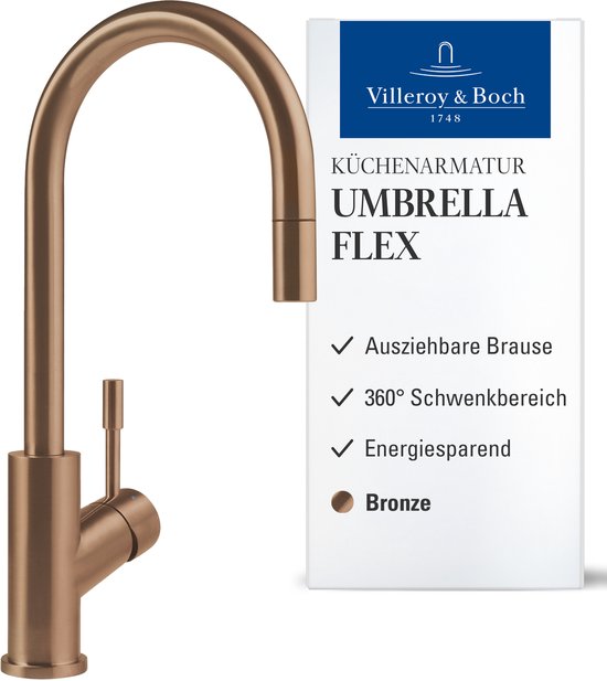 Robinet de cuisine en bronze UMBRELLA FLEX avec douchette extractible, plage de pivotement de 360 degrés et économe en énergie.