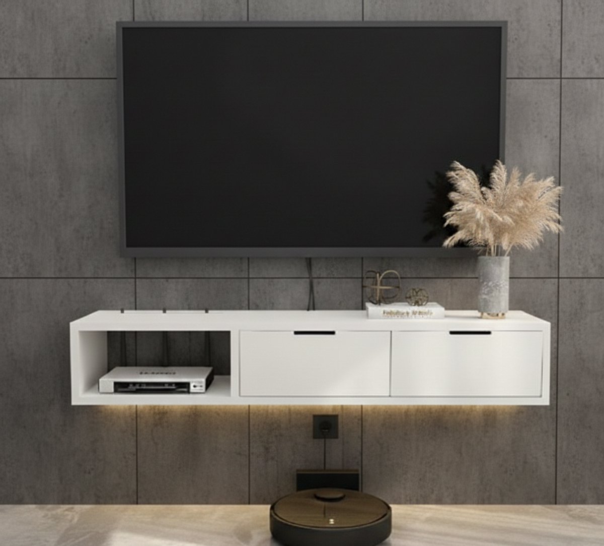 Zwevend TV Meubel Wandmontage met 2 Lades – Wit – Floating TV Kast met Opbergruimte – Scandinavisch Design – House&Garden
