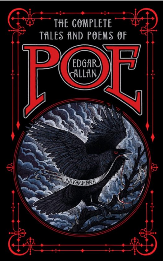 Boek kaft met de titel 'The Complete Tales and Poems of Edgar Allan Poe', met een kraai met de tekst 'Nevermore'.