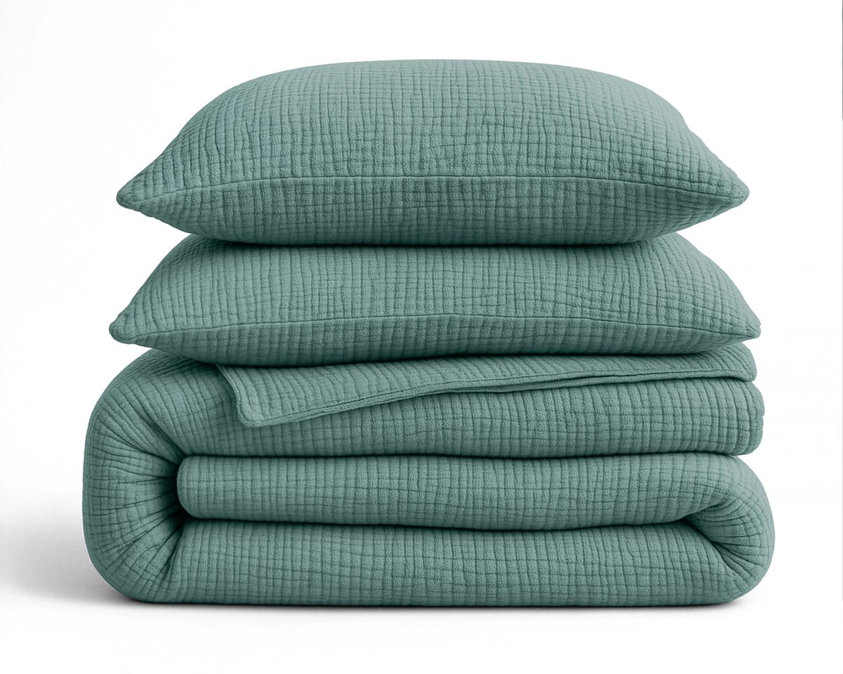 Aurello dekbed zonder overtrek Mousseline 240x200 cm met kussenslopen - Lazy dekbed - 100% Mousseline katoen - Groen