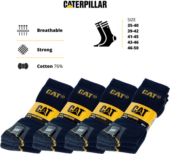 Vier paren donkerblauwe werksokken, verpakt in een gele band met CAT-logo. Grijze verstevigingen bij de hiel en teen.