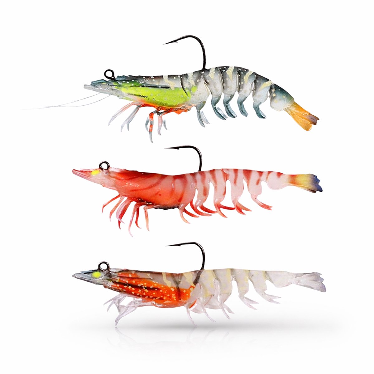 S&D | Kunstaas Garnalen Set – 3 Stuks – 8cm 11.5g – Hyperrealistisch TPE Garnaal – Glow in the Dark Ogen