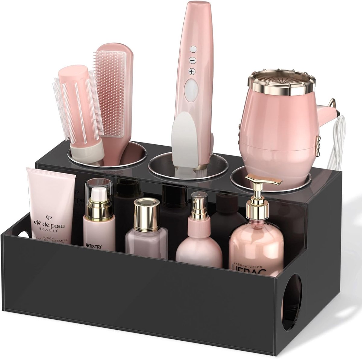 Famanu – Vrijstaande organizer voor haardroger en stylingtools, afneembaar acryl, zwart