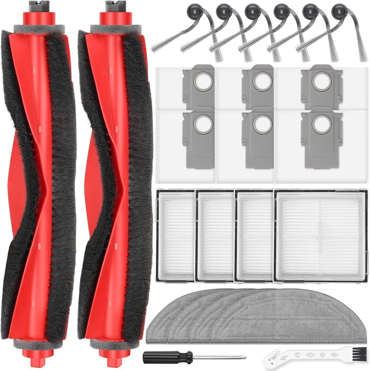 24 stuks accessoires gescht voor Roborock Q10 S5+ robotstofzuiger, 2 hoofdborstels, 6 stofzakken, 4 dweilpads, 4 HEPA-filters, 6 zijborstels, 1 reinigingsborstel, 1 schroevendraaier