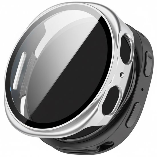 Mat zilveren hoesje met gehard glas voor smartwatch, met zwarte band en knoppen.