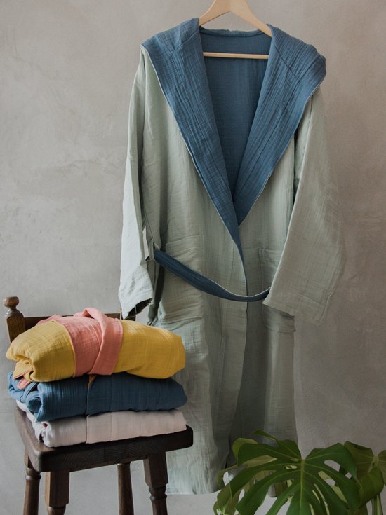 4 laagse Mousseline Badjas - Katoen - Blauw&Saliegroen