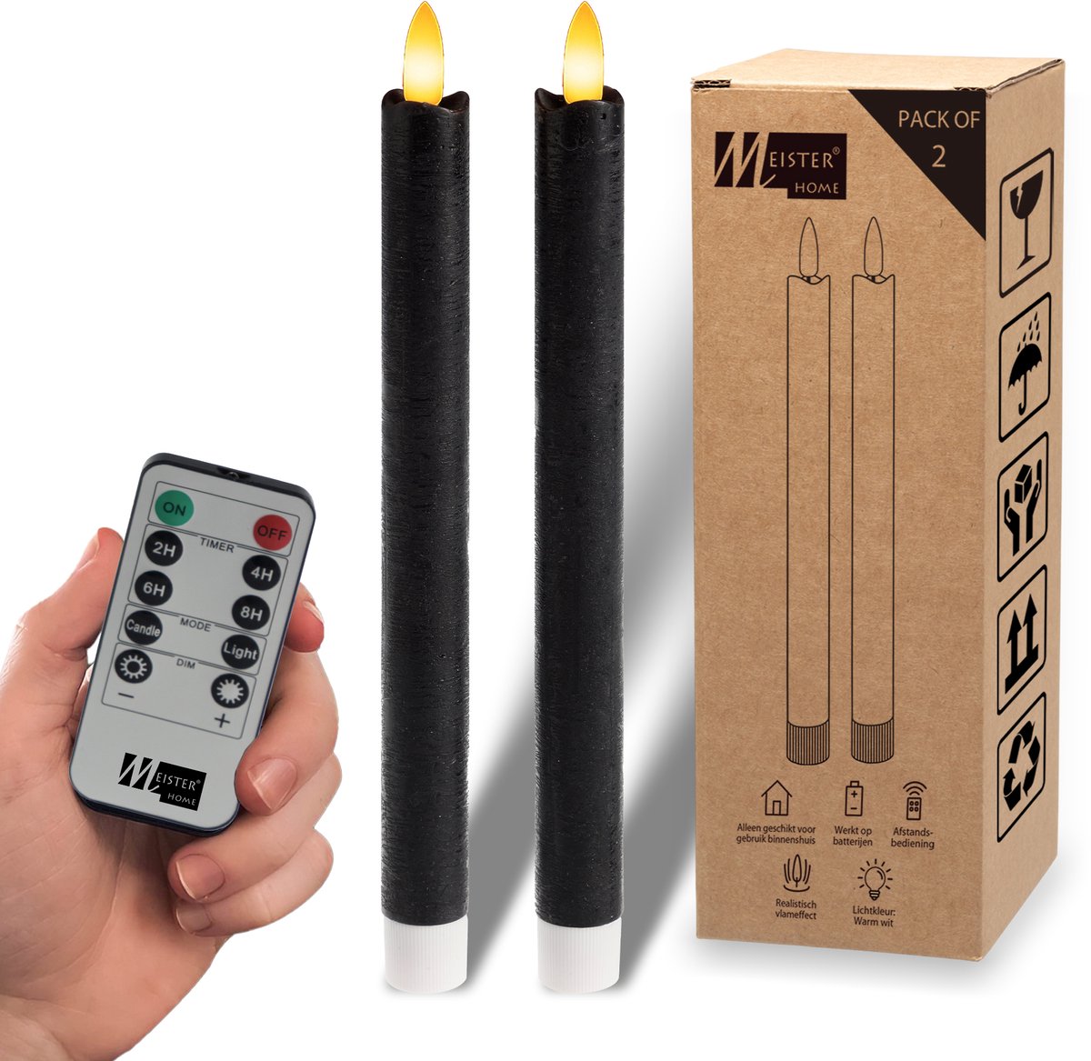 Meisterhome LED Dinerkaarsen Set van 2 – LED kaarsen – Rustiek Zwart – 23 cm – Echt Wax – Met Afstandsbediening – Dimbaar – Timer 2/4/6/8 uur