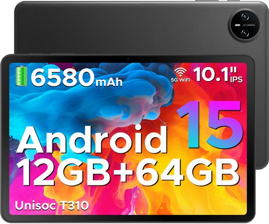 DOOGEE TAB A9 - Tablet - Android 15 - 12GB RAM + 64GB ROM（2TB/TF） - 10 Inch - 6580 mAh - 5G WiFi - Tablet Unisoc T310 - Dubbele Luidspreker - 3,5 mm aansluiting - Face ID - Zwart