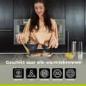 Een vrouw kookt kip in een zilverkleurige koekenpan. Geschikt voor alle warmtebronnen: elektrisch, gas, halogeen, inductie en keramisch.