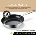 Zilverkleurige koekenpan met zwarte anti-aanbaklaag, vrij van PFAS, PFOA, Lead en Cadmium. Ontworpen in Holland.
