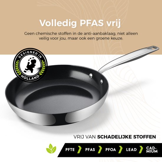 Zilverkleurige koekenpan met zwarte anti-aanbaklaag, vrij van PFAS, PFOA, Lead en Cadmium. Ontworpen in Holland.