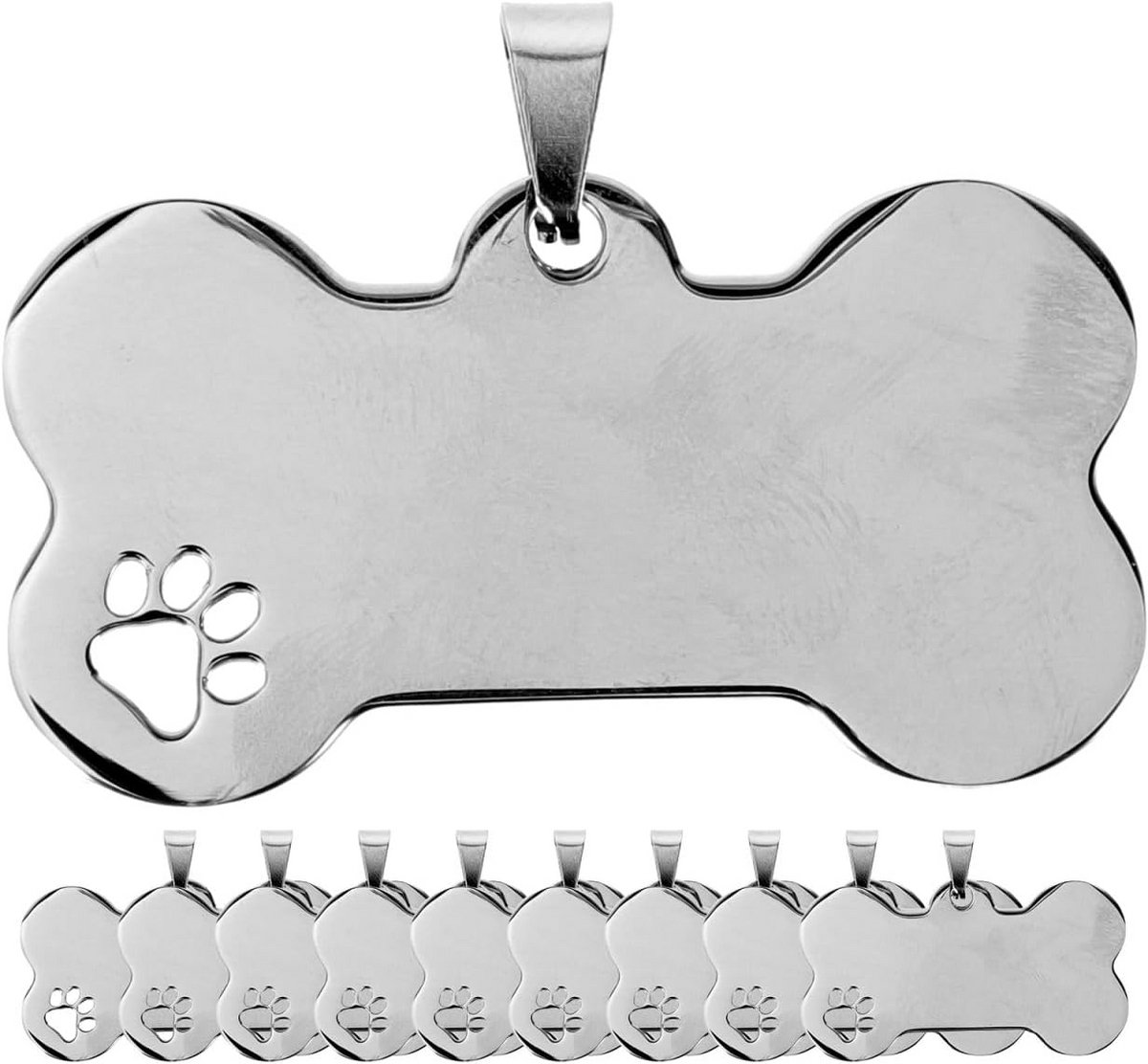 Pack of 10 Metal Dog Tags in Botvorm - Personaliseerbaar voor Huisdier-ID, Sleutelhangers en Armbanden - Zilver