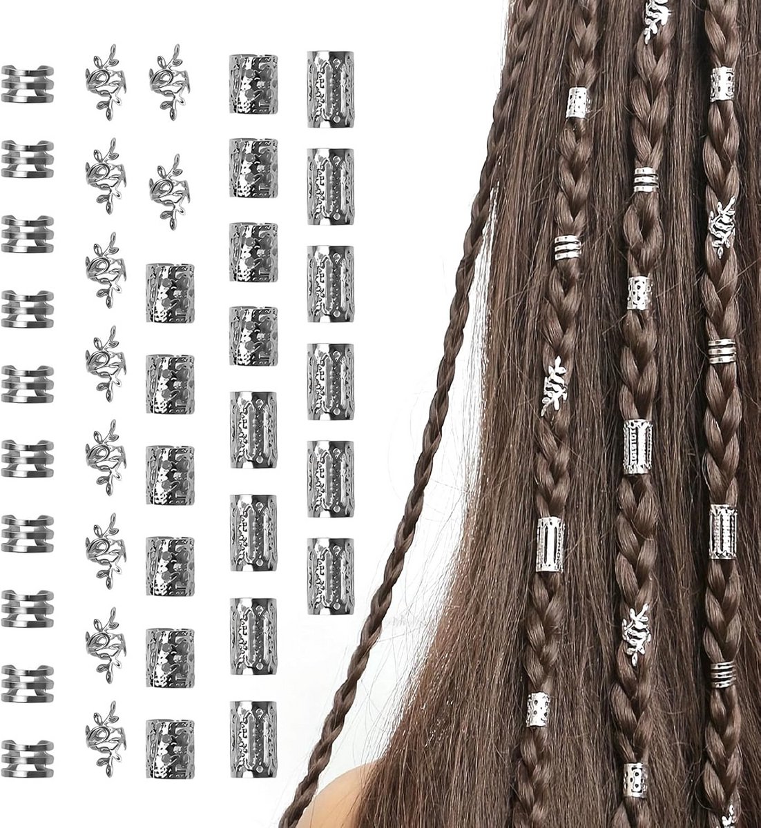 40 Stuks Haaraccessoires Sets voor Dreadlocks, Vlechten en Haarversiering - Zilverkleurig