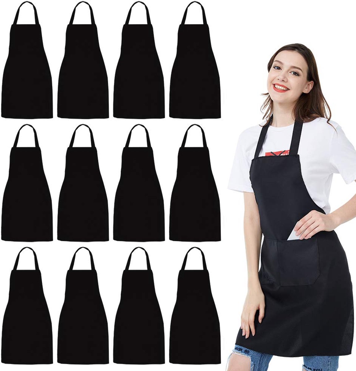 Professionele Apron Bulk Set - 12 Stuks Unisex Zwarte Schorten met 2 Ruime Zakken - Geschikt voor Keuken, BBQ en Atelier - Machinewasbaar en Duurzaam