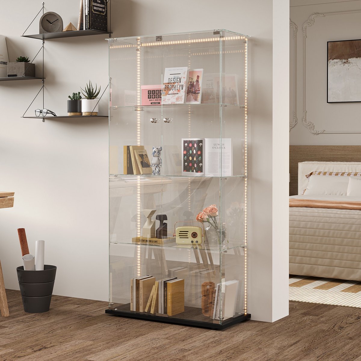 ROSAHQNDA Glazen vitrinekast met ledverlichting, moderne glazen vitrinekast voor verzamelobjecten, boeken, wijn, 4 glazen planken en afsluitbare deuren, 163 x 78,5 x 35 cm, zwart