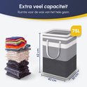 Panier à linge gris avec rayures blanches et gris clair, capacité 75L, 62x40x30cm.