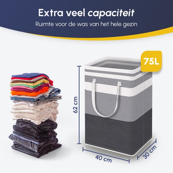 Panier à linge gris avec rayures blanches et gris clair, capacité 75L, 62x40x30cm.