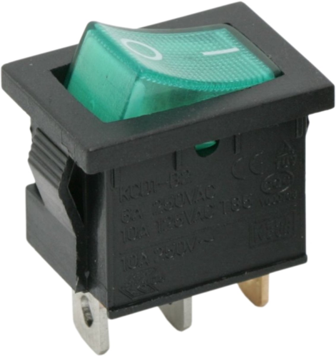 5x Verlichte Tuimelschakelaar Zwart Met Groene LED – Inbouw Rocker Switch OFF/ON 250V 6A – Enkelpolige SPST Schakelaar Met I-O Symbool – Geschikt Voor Elektrische Apparatuur – Verkoopeenheid 5 Stuks [09019ZO]