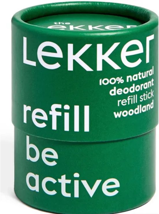 Groene verpakking met 'Lekker 100% natural deodorant refill stick woodland refill be active' in witte letters.