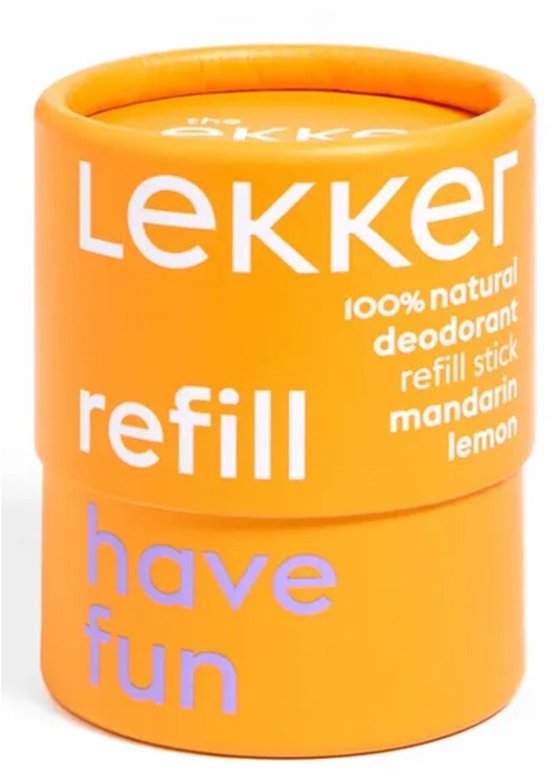 Oranje cilinder met "Lekker" en "refill have fun" in witte en paarse letters.