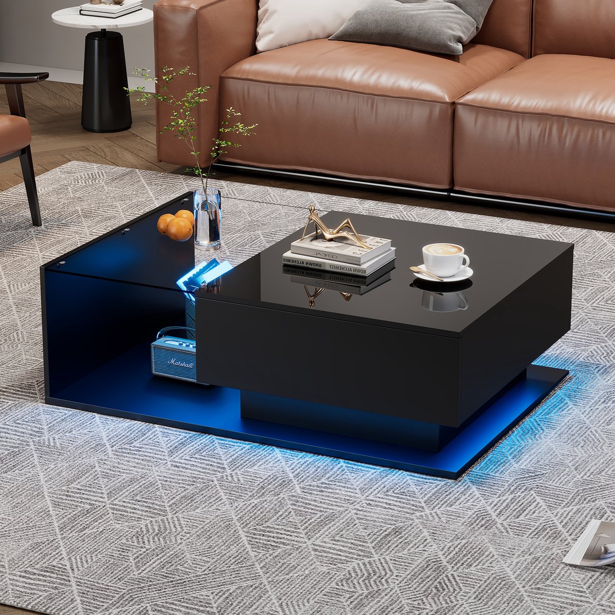 Clruro Zwarte Hoogglans Salontafel - 100x50x32 cm - Glasplaat en Lades - Krasbestendig - LED Verlichting