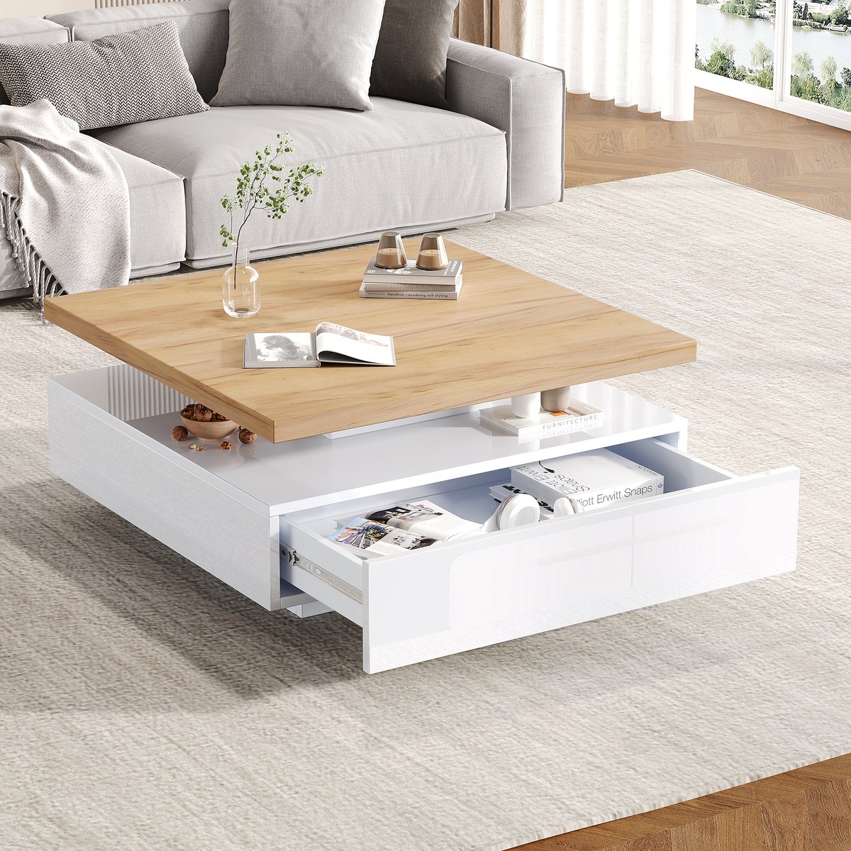 Clruro Multifunctionele Vierkante 360° Draaibare Salontafel in Wit - 2-Laags Draaibaar Tafelblad - Opbergruimte - Walnootkleurig Walnoot, Wit