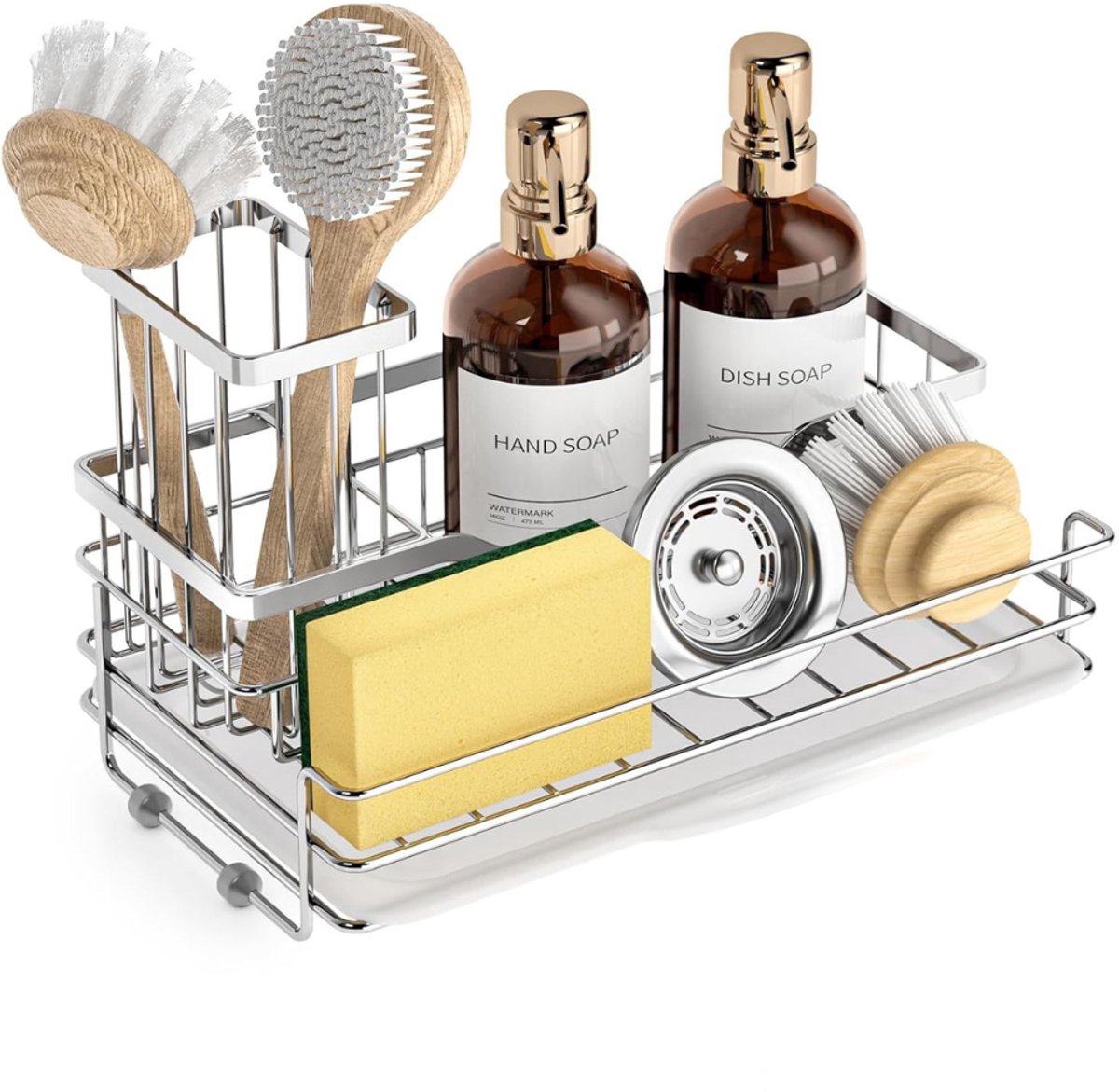 Famanu – Gootsteen caddy van roestvrij staal, keuken organizer met grote capaciteit, afneembare borstelhouder, afdruiptray en antislip basis