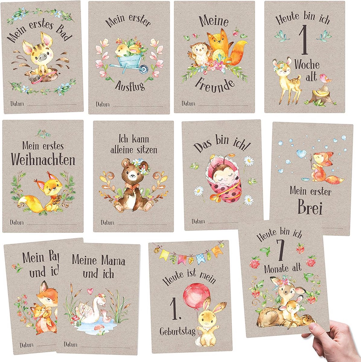 32 Mijlpaalkaarten Bosdieren – Mijlpalenkaarten Baby van 1 Week tot 1 Jaar, Veilige Ronde Hoeken, Hoge Kwaliteit voor Jongens en Meisjes, Ideaal als Cadeau bij Geboorte of Babyshower