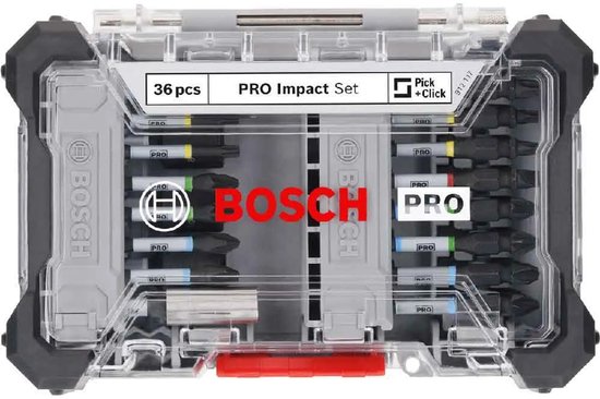 Boîte transparente avec 36 embouts PRO Impact Bosch avec des bords noirs et une fermeture rouge.