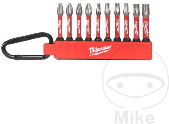 Milwaukee bitsset met 10 stuks, rode houder met karabijnhaak. Met 'Milwaukee'-logo.