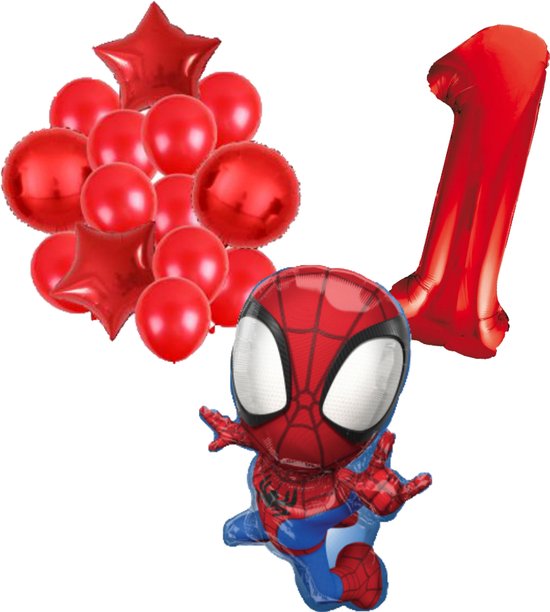 Ballon en aluminium Spiderman en forme d'enfant, entouré de ballons rouges et d'un ballon chiffre 1 rouge.
