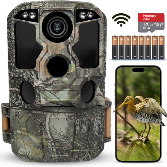 Koocare® Wildcamera met Nachtzicht en WiFi voor Buiten – No Glow Wildlife Camera – 4K Ultra HD & 64MP – Incl. 128GB SD Kaart, Tripod, Batterijen en NL Handleiding
