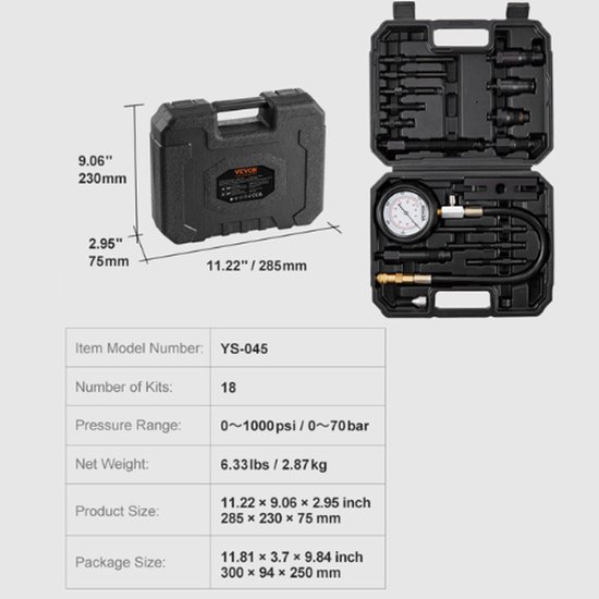 Yuhtech Compressietester, Compressietester Kit Motoren Compressie Tester Auto Compressie Tester Kit Compressie Tester Box