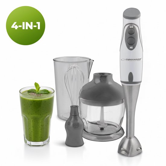 5-in-1 Staafmixer 1000W – Handblender met Hakmolen, Garde, Melkschuimer & Maatbeker – 12 Snelheden + Turbo